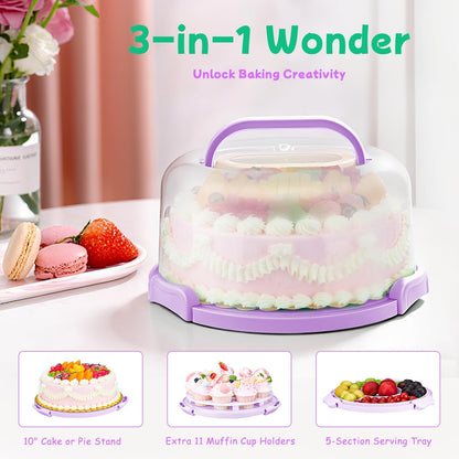 Cake Carrier With Lid And Handle, Bpa-Free Cake Holder With Lid For 10 Inch Round Cake Carrier With 10 pcs Round Golden Cake Boards And Portable Insulated Bag
