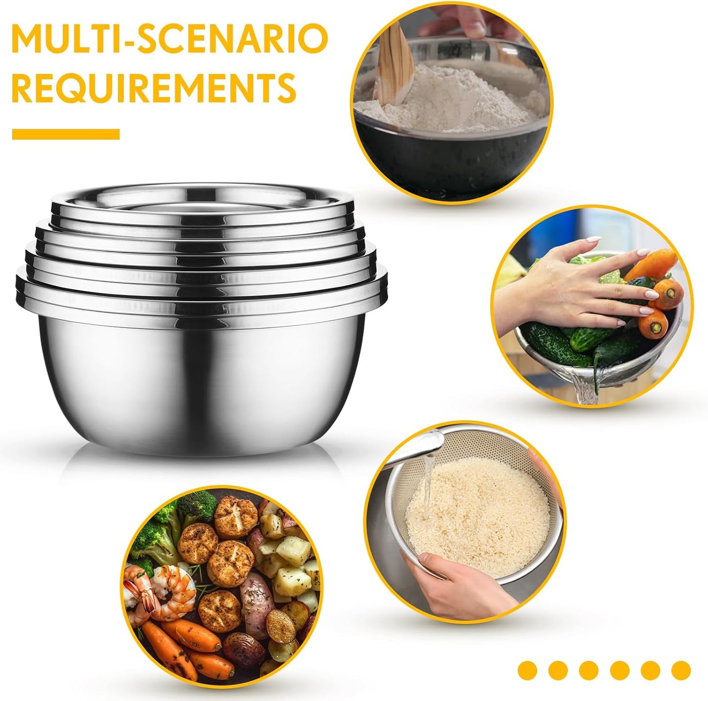Uiifan 8 Pcs Stainless Steel Mixing Bowl with Stainless Steel Colander Rice Washing Colander Bowl Set Nesting Bowls for Washing Draining Storage(1.8/3.9/4.9/6.6 QT)