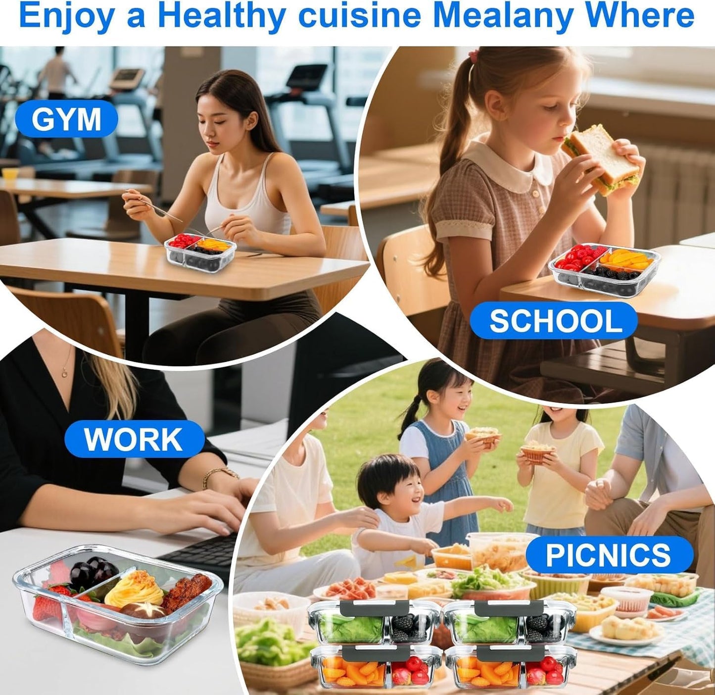 5-Pack 36 oz Glass Meal Prep Containers with Leak Proof Locking Lids, Glass Lunch Containers, Food Prep Lunch Box, Bento Box for Microwave, Oven, Freezer, Dishwasher Safe(2 Compartments)