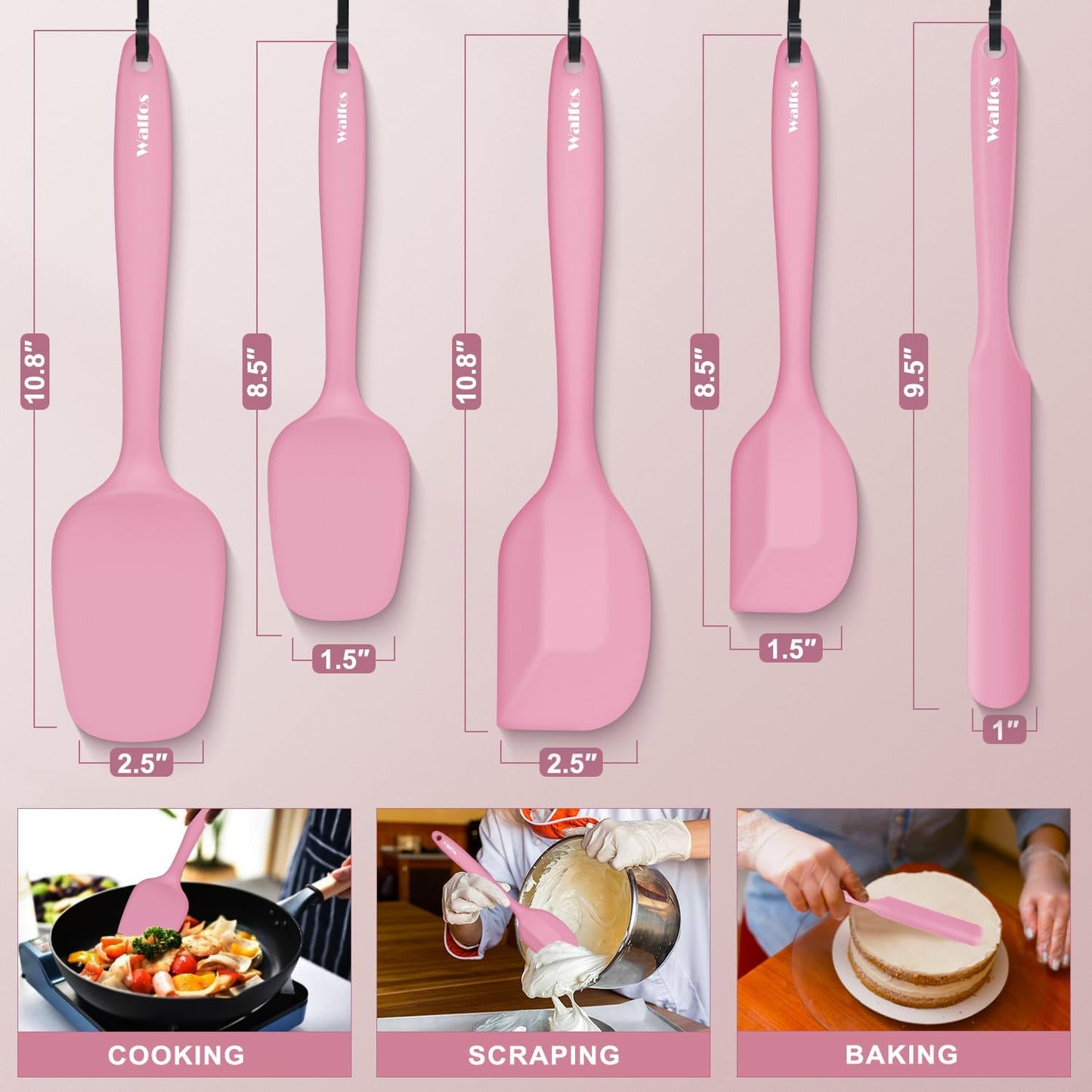 Walfos 600°F High Heat Resistant Silicone Spatula Set of 5- Food Grade Rubber Spatula Set for Baking Cooking & Mixing - BPA Free, Non Stick and Dishwasher Safe,black