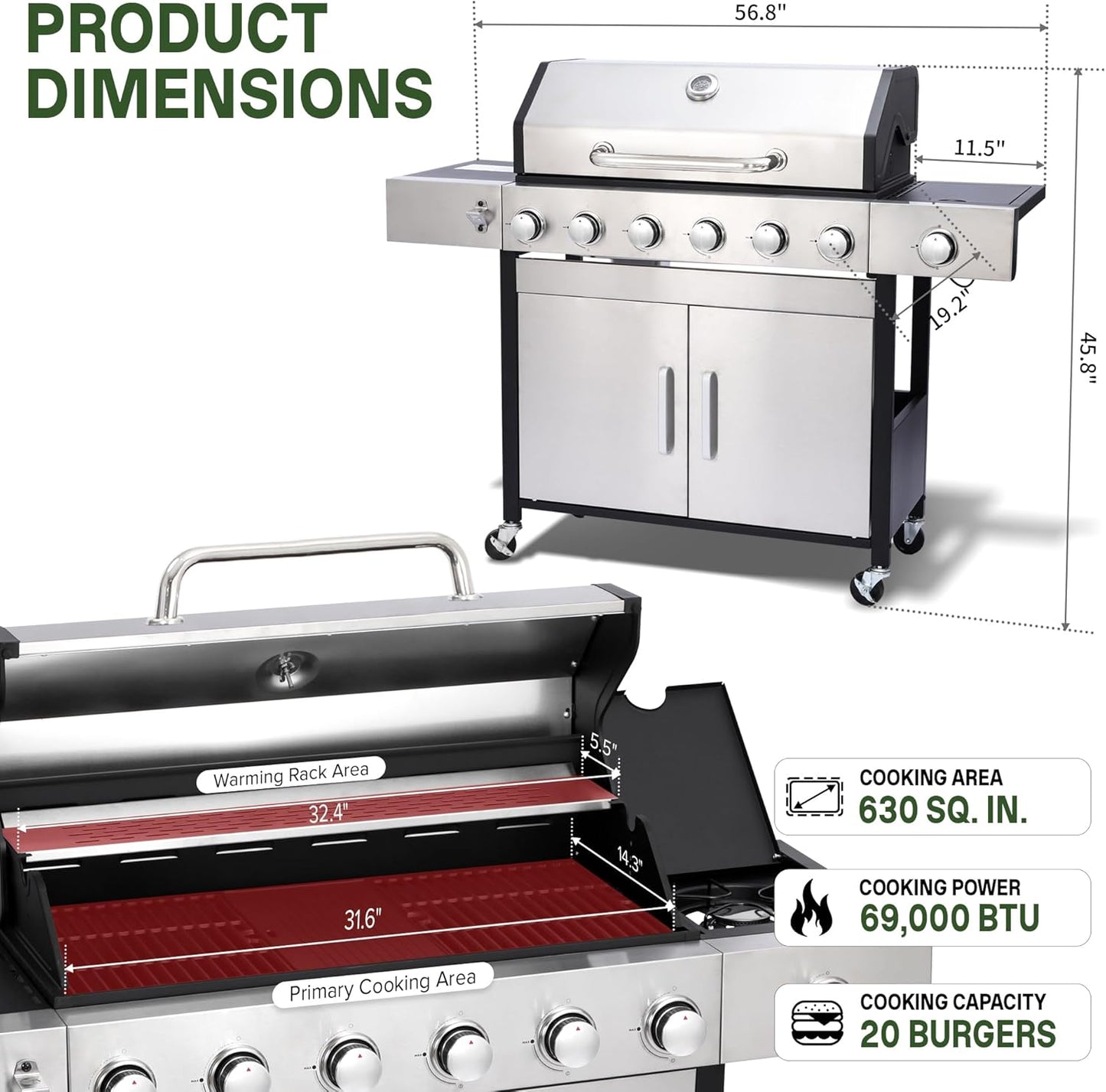 Gas Grill with Side Burner, 3-Burner Propane Grill with Porcelain-Enameled Cast Iron Grates and Double-Wall Insulated Lid, 39,000 BTU BBQ Grill with Wheels for Outdoor Cooking