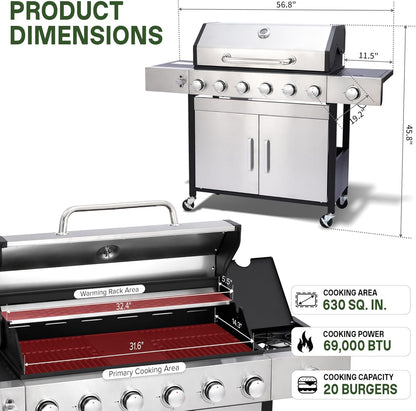 Gas Grill with Side Burner, 3-Burner Propane Grill with Porcelain-Enameled Cast Iron Grates and Double-Wall Insulated Lid, 39,000 BTU BBQ Grill with Wheels for Outdoor Cooking