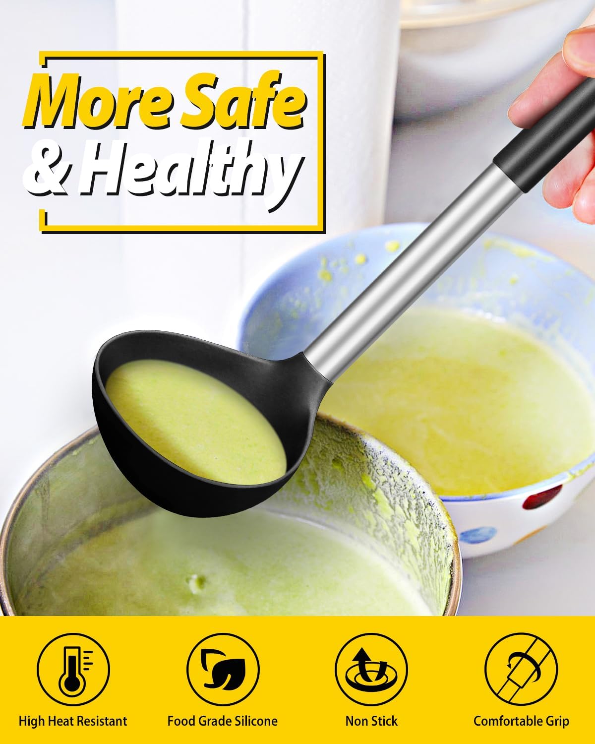 Pack of 2 Ladle Spoon,Silicone Large Spoon for Soup,Non Stick Kitchen Utensils with High Heat Resistant,BPA Free Perfect Kitchen Tools for Cooking, Stirring,Serving Soups (BLACK-WHITE)