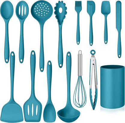 Homikit Silicone Cooking Utensil Set, 15pcs Kitchen Utensils with Holder for Nonstick Cookware, Heat Resistant Nontoxic Silicone Spatula Set Dishwasher Safe Kitchen Tools for Baking-Black