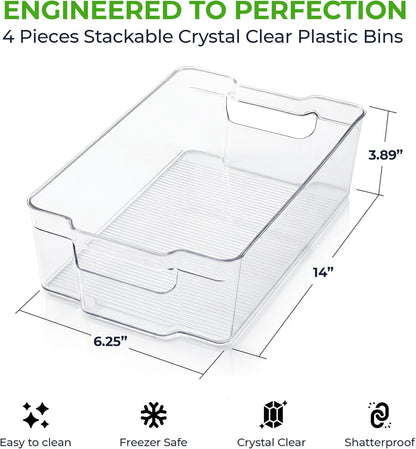 Zulay Kitchen 4 Pack Refrigerator Organizer Bins – Large Clear Fridge Storage Containers with Built-In Handles & Non-Slip Feet - Ideal Fridge Organizers, Kitchen Cabinets, Pantry Organization