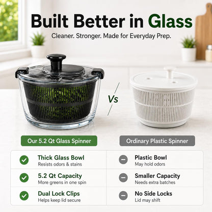 Large 5.2 Qt Glass Salad Spinner with Storage Lid Glass Bowl Black