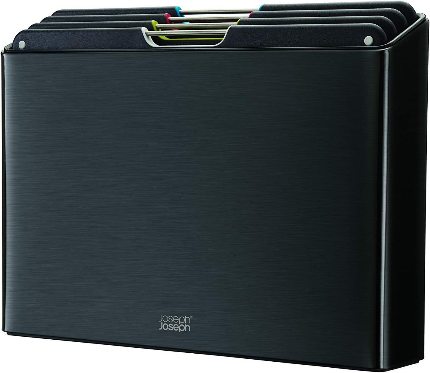 Joseph Joseph Folio 4-Piece Colour coded Cutting Board Set, Stainless Steel Slimline case for organized Kitchen storage, Black