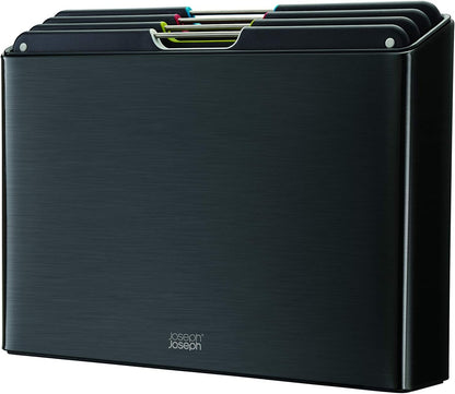 Joseph Joseph Folio 4-Piece Colour coded Cutting Board Set, Stainless Steel Slimline case for organized Kitchen storage, Black