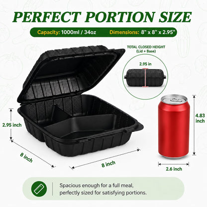 50Pack 8" X 8" 3-Compartment Clamshell To Go Food Containers With Secure Snap Lids - Heavy Duty Take out Containers Disposable To Go Plate For Carryout Meal Prep Catering (Black 3-Compartment)