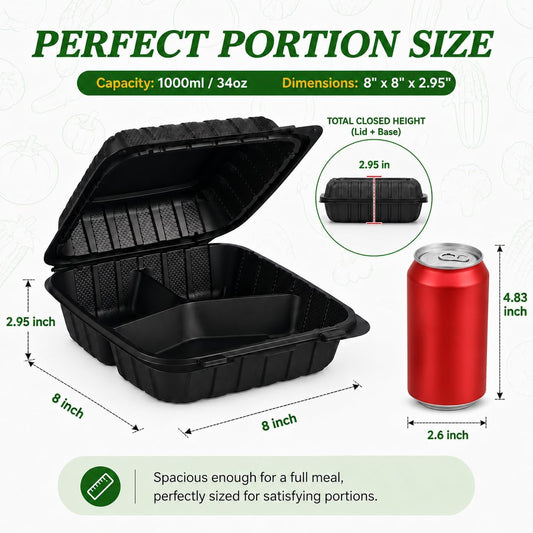 50Pack 8" X 8" 3-Compartment Clamshell To Go Food Containers With Secure Snap Lids - Heavy Duty Take out Containers Disposable To Go Plate For Carryout Meal Prep Catering (Black 3-Compartment)
