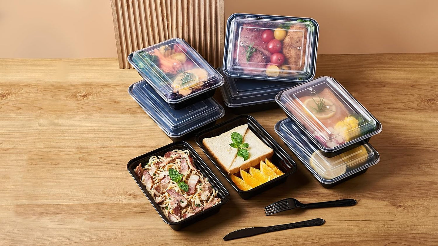 FULING 32 oz 50 ct Round Meal Prep Containers with Lids Plastic Food Storage Lunch Plan To Go Box Disposable Take Out Bowls Black BPA Free Reusable Durable Stackable Microwave Freezer Dishwasher Safe