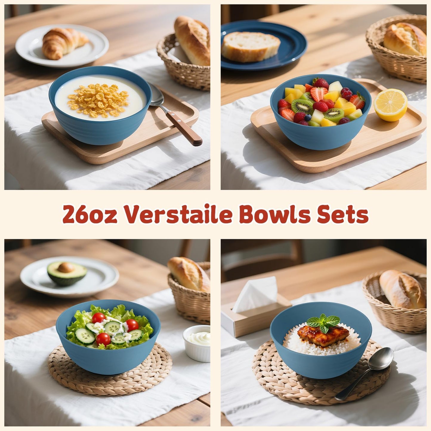 Wrova Wheat Straw Bowls for Kitchen set of 6,Anti-Scald Thick Soup Bowls 40oz,Microwave and Dishwasher Safe Bowl Sets, Unbreakable Cereal Bowl Sets. Vibrant Series