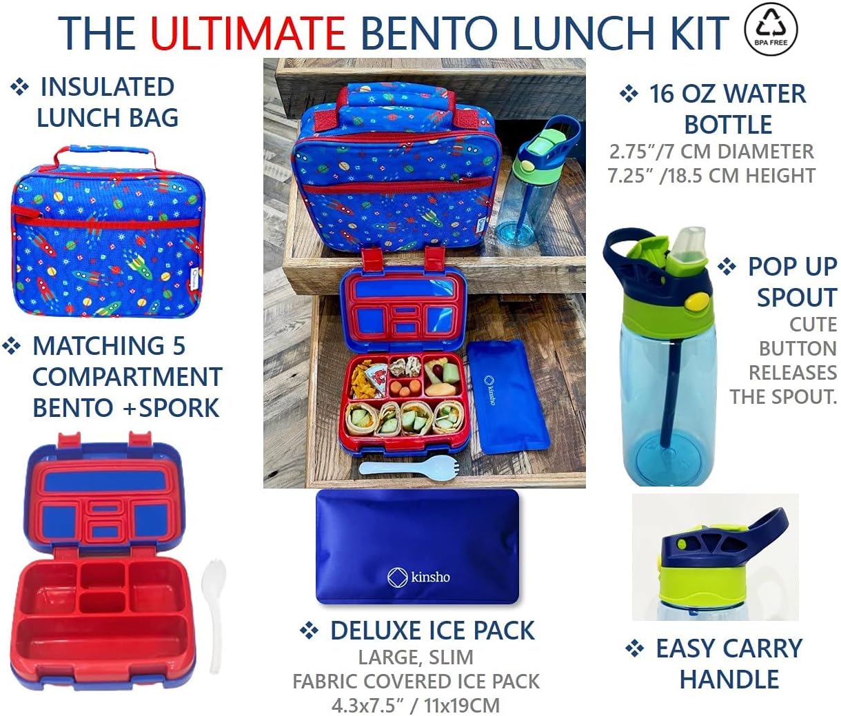 Kinsho Bento Lunch Box for Kids Toddlers, 5 Portion Control Sections, BPA Free Removable Plastic Tray, Pre-School Kid Toddler Daycare Lunches, Snack Container Ages 3 to 7 (Blue Space Rockets)