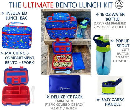 Kinsho Bento Lunch Box for Kids Toddlers, 5 Portion Control Sections, BPA Free Removable Plastic Tray, Pre-School Kid Toddler Daycare Lunches, Snack Container Ages 3 to 7 (Blue Space Rockets)