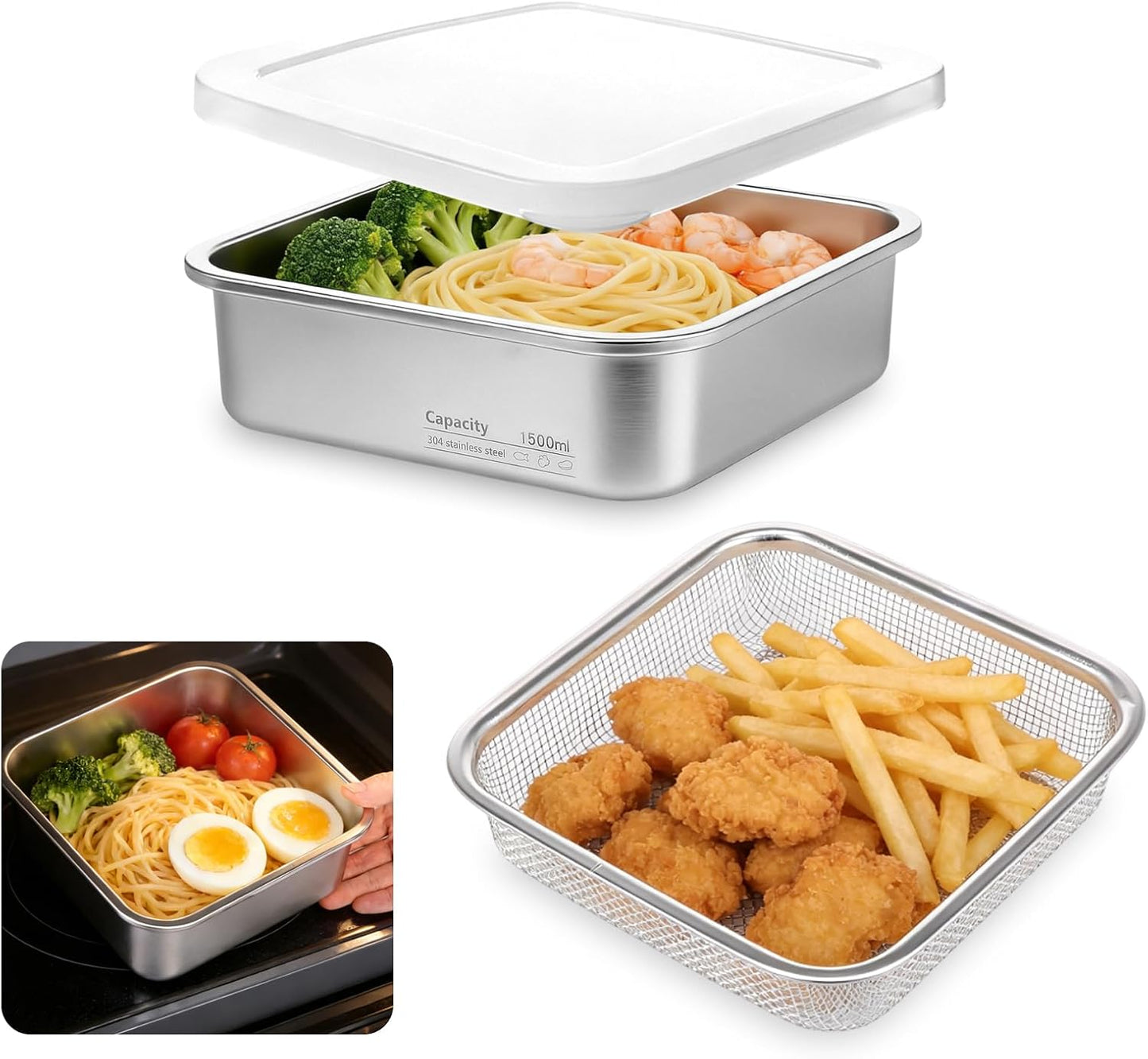 Stainless Steel Colander Set, Square Strainer with Lid for Draining Vegetable Washing Rice, 2 in 1 Strainer Bowl & Food Storage Container Food Preparation Box Bowl (1500ml)