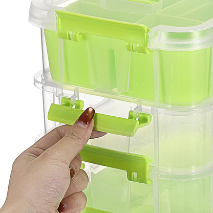 JUXYES 4-Tiers Plastic Stack Carry Storage Containers Box wih Handle Lids | Clear Stackable Latching Storage Bin With 2 Tray for School Office, Organizing Sewing, Art Craft, DIY Supplies, Blue