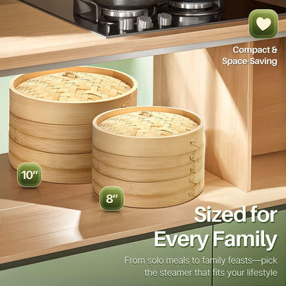 Flexzion Bamboo Steamer Basket Set (8 inch), 50 x Steamer Liners and 2 Pairs of Chopsticks, Steam Baskets for DimSum Dumplings, Rice, Vegetables, Fish and Meat