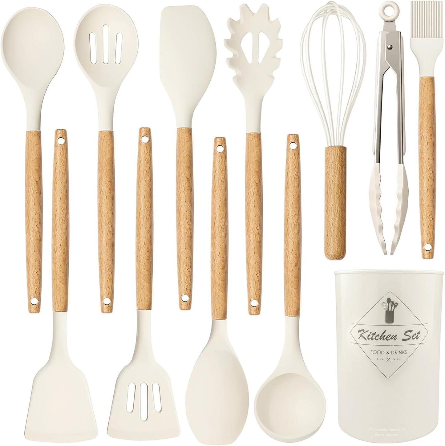 12 pcs Silicone Cooking Utensils Kitchen Utensil Set with Holder Heat Resistant Silicone Spatula Turner Set Wooden Spoons Kitchen Gadgets Tools Cooking Utensils for Nonstick Cookware (White)