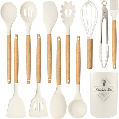 12 pcs Silicone Cooking Utensils Kitchen Utensil Set with Holder Heat Resistant Silicone Spatula Turner Set Wooden Spoons Kitchen Gadgets Tools Cooking Utensils for Nonstick Cookware (White)