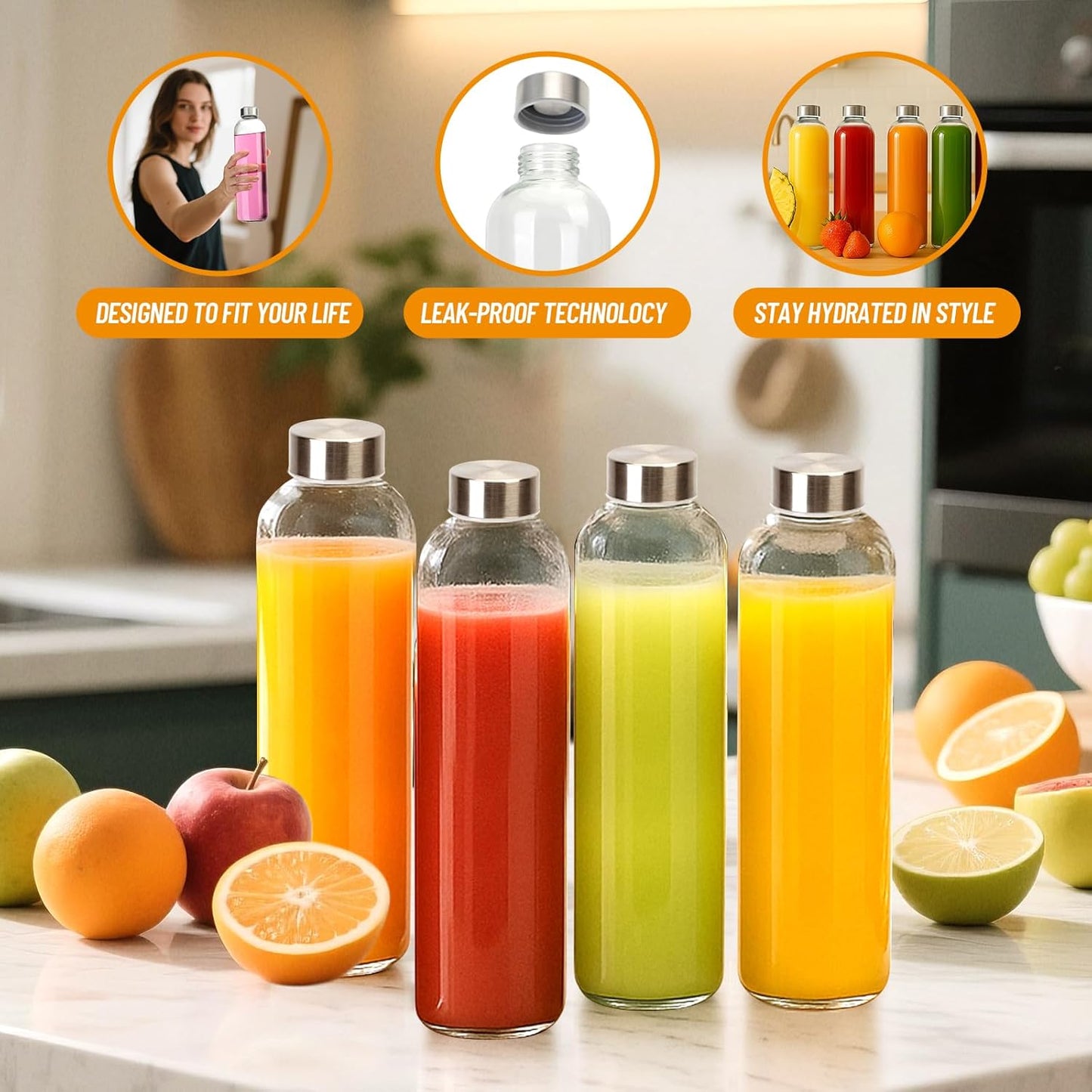 Glass Juice Bottles with Lids 10 oz, 6 Pack Reusable Small Glass Bottles with Stainless Steel Caps & Straws, BPA-Free Leak proof Juice Bottle Containers for Juicing, Milk, Smoothies & Fridge