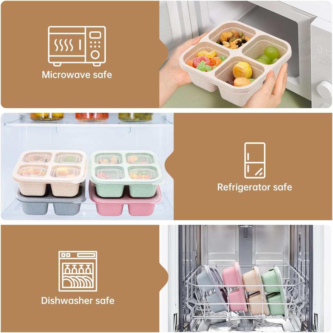 4 pack Bento Lunch Box, Snack Containers，Meal Prep Containers Kids/Toddle/Adults,Food Storage Containers for School, Work and Travel (4 and 3 Compartment Multicolor)