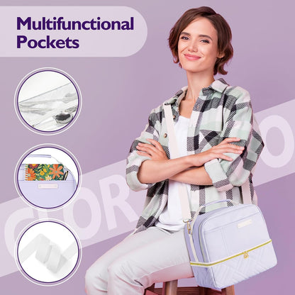 Double Deck Lunch Box Bag Women - Vegan Leather Insulated Waterproof Leakproof Cooler for Work Travel Picnics - Teacher Mothers Day Christmas Birthday Gifts