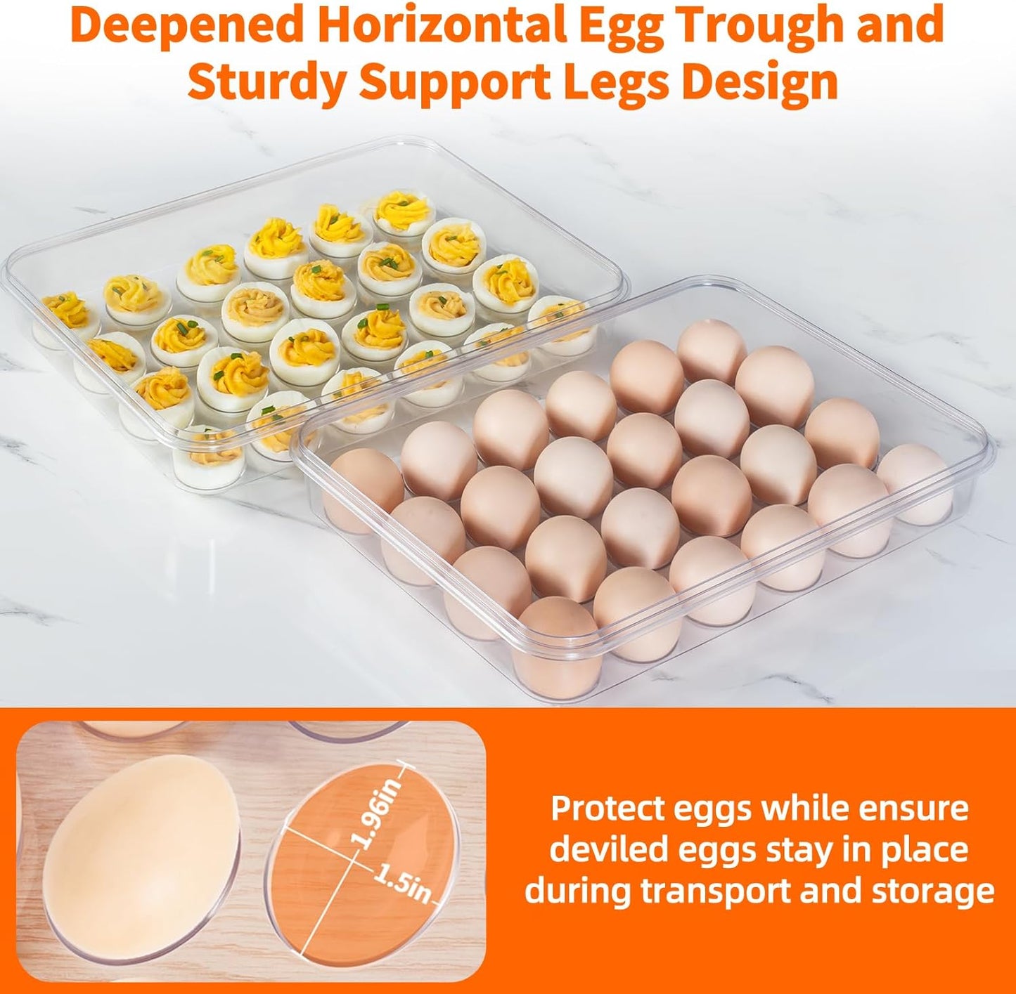 MesRosa 2 Pack Deviled Egg Containers with Lid and Handle, Durable Clear Plastic Deviled Egg Carrier Storage 48 Eggs, Stackable Egg Holder for Fridge, Portable Tray Platter for Party & Picnics-White
