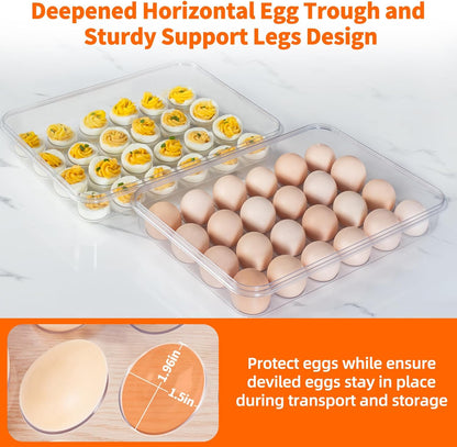 MesRosa 2 Pack Deviled Egg Containers with Lid and Handle, Durable Clear Plastic Deviled Egg Carrier Storage 48 Eggs, Stackable Egg Holder for Fridge, Portable Tray Platter for Party & Picnics-White