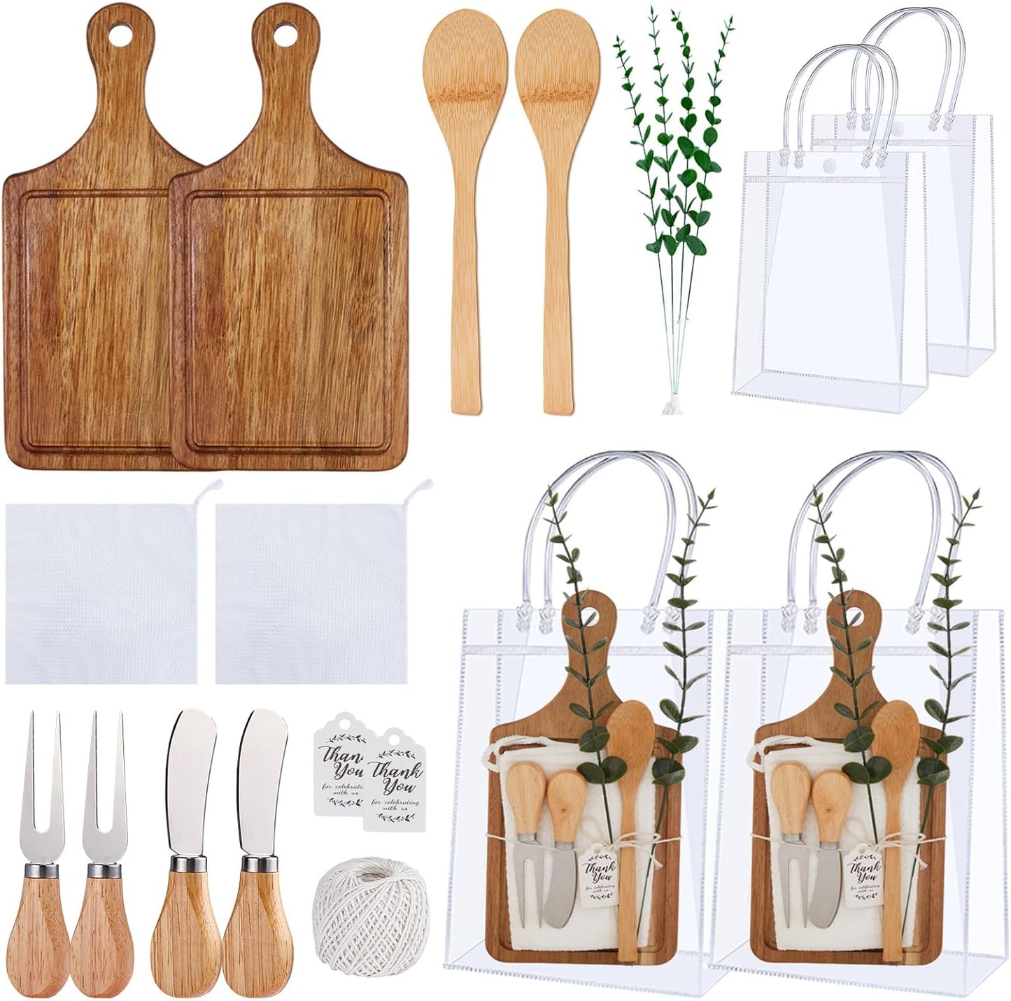 Baby Shower Prizes for Game Winners Bamboo Cheese Board Spoon Fork Butter Spreaders Plaid Towel Thank You Card and Gift Bags for Baby Shower Wedding Bridal Shower Favors (Acacia, 6 Sets)