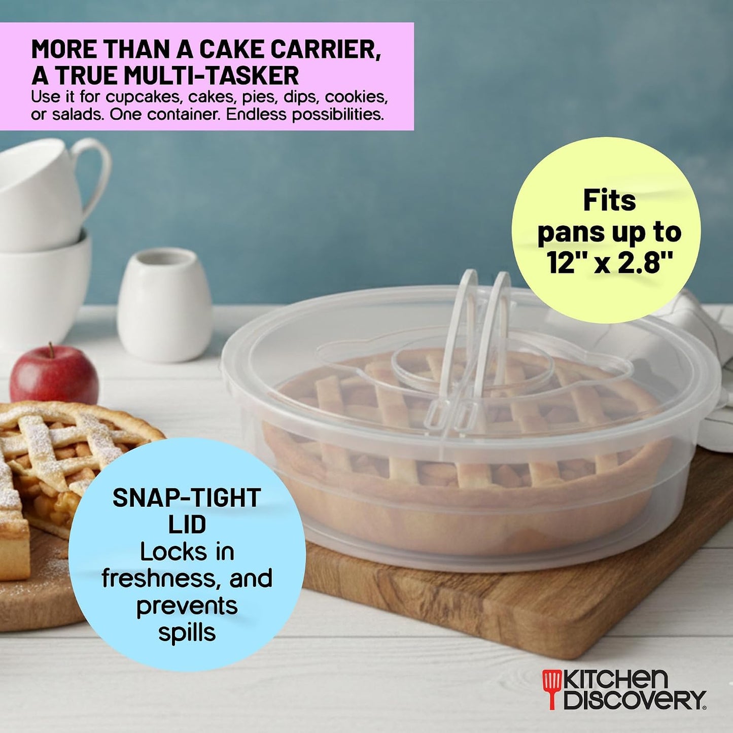 Kitchen Discovery Cupcake Carrier and Muffin Container Pie, Cake, and Cupcake Carrier with Lid and Handle for Safe Transport and Fresh Storage of a Variety of Desserts