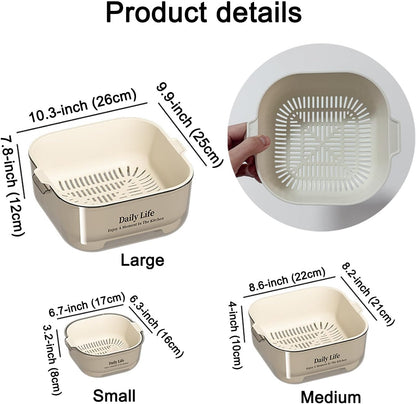 3 Pcs Set Double-Layer Plastic Colander, Large Capacity Food Strainers, Fruits Vegetable Washing Draining Basket, Detachable and Stackable Multi-Layer Strainer Bowl, Easy to Clean for Kitchen (Brown)