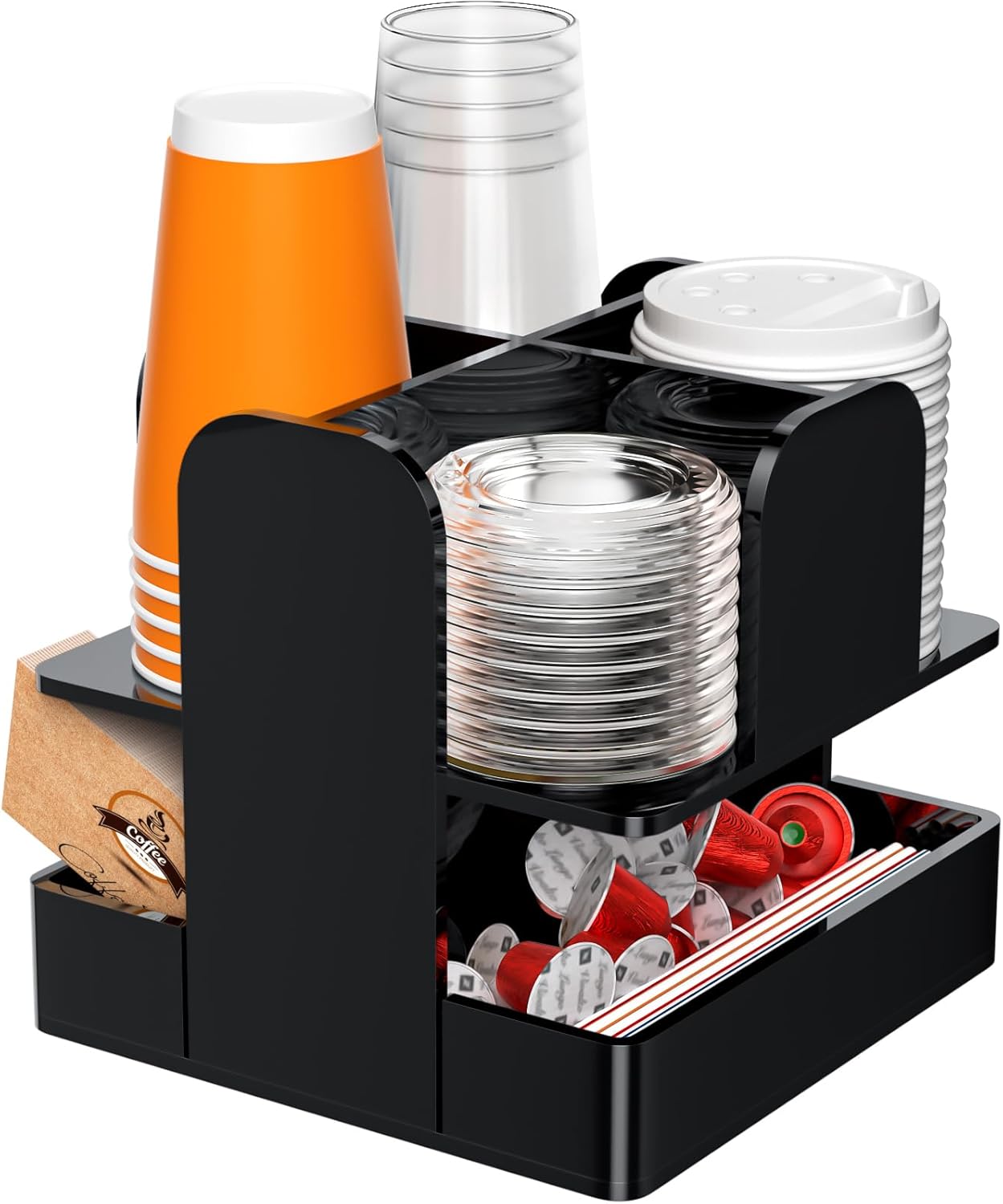 Beego Rotatable 4-Compartment Acrylic Cup Dispenser - Coffee Station Cup and Lid Carousel Countertop Plastic Cup Holder for Restaurant Breakroom Coffee Bar