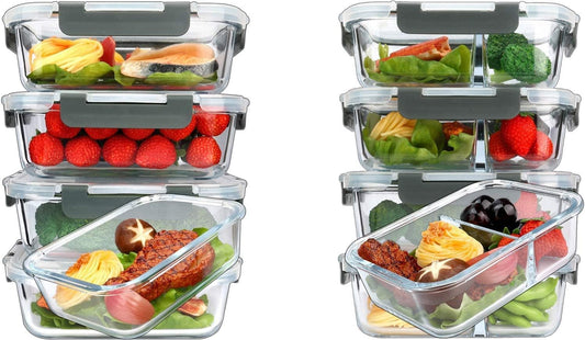 MCIRCO 36oz Single Compartment Glass Meal Prep Containers set of 5 and 36oz 2 Compartments Portion Control Glass Meal Prep Containers set of 5