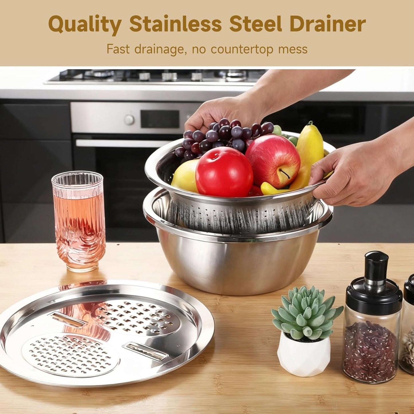 Multifunctional Stainless Steel Basin with Grater, 11 Inch Salad Maker Bowl, Vegetable Slicer Shredder Colander, Stainless Steel Grater Bowl Set for Kitchen