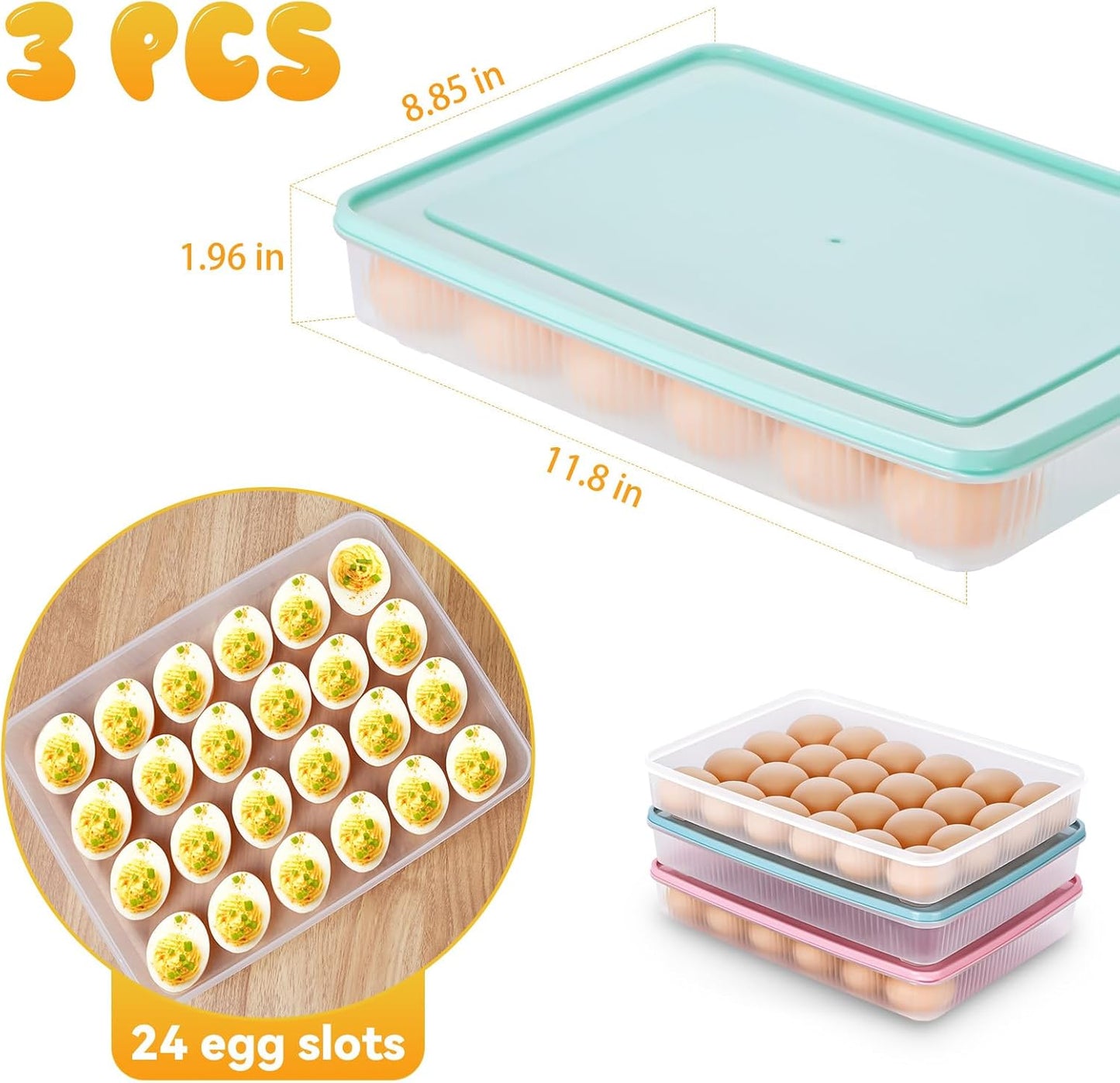 3 Pack Deviled Egg Containers with Lid and 8 Pcs Deviled Egg Injector Piping Tool, Egg Organizer for Refrigerator, Fridge Stackable Countertop Portable Egg Platter (pink,blue,green)