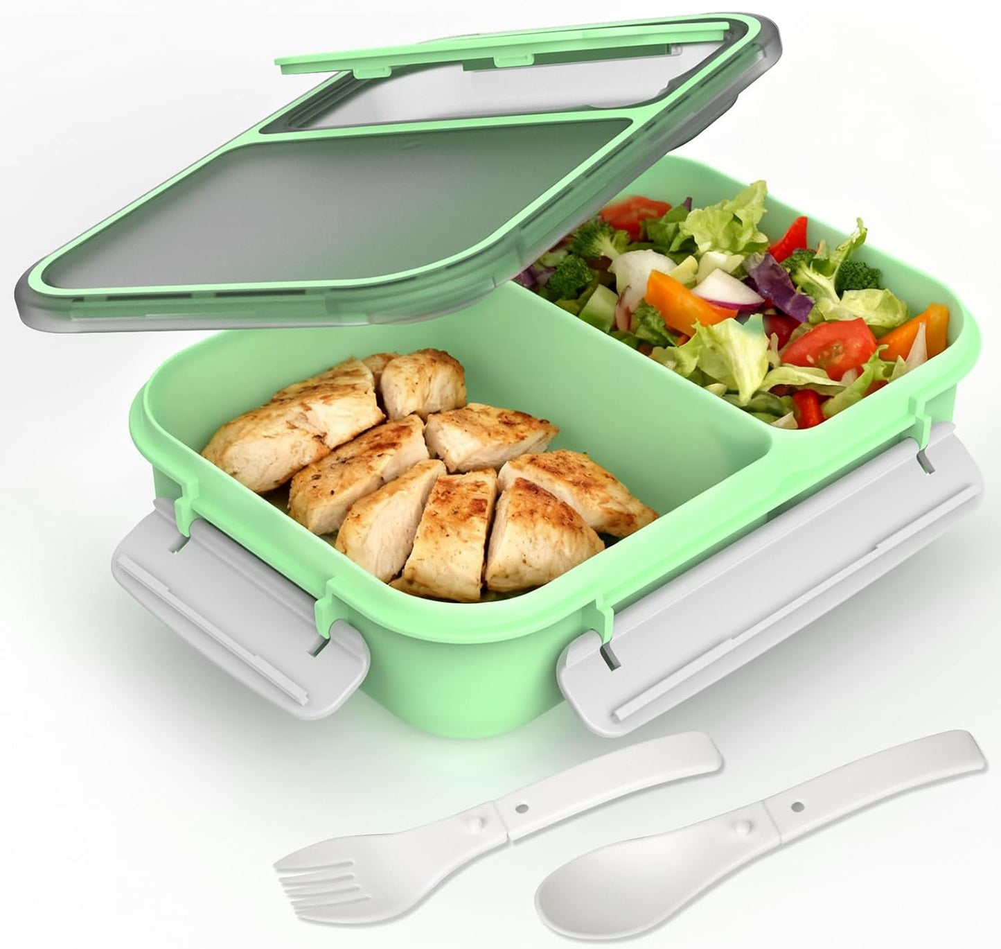 WHALEHOUSE Bento Lunch Box, 1300ML 4 Compartments Meal Prep Container with Utensil, Airtight Food Storage Container with Snap Locking Lids, Microwave/Dishwasher/Freezer Safe, On the Go