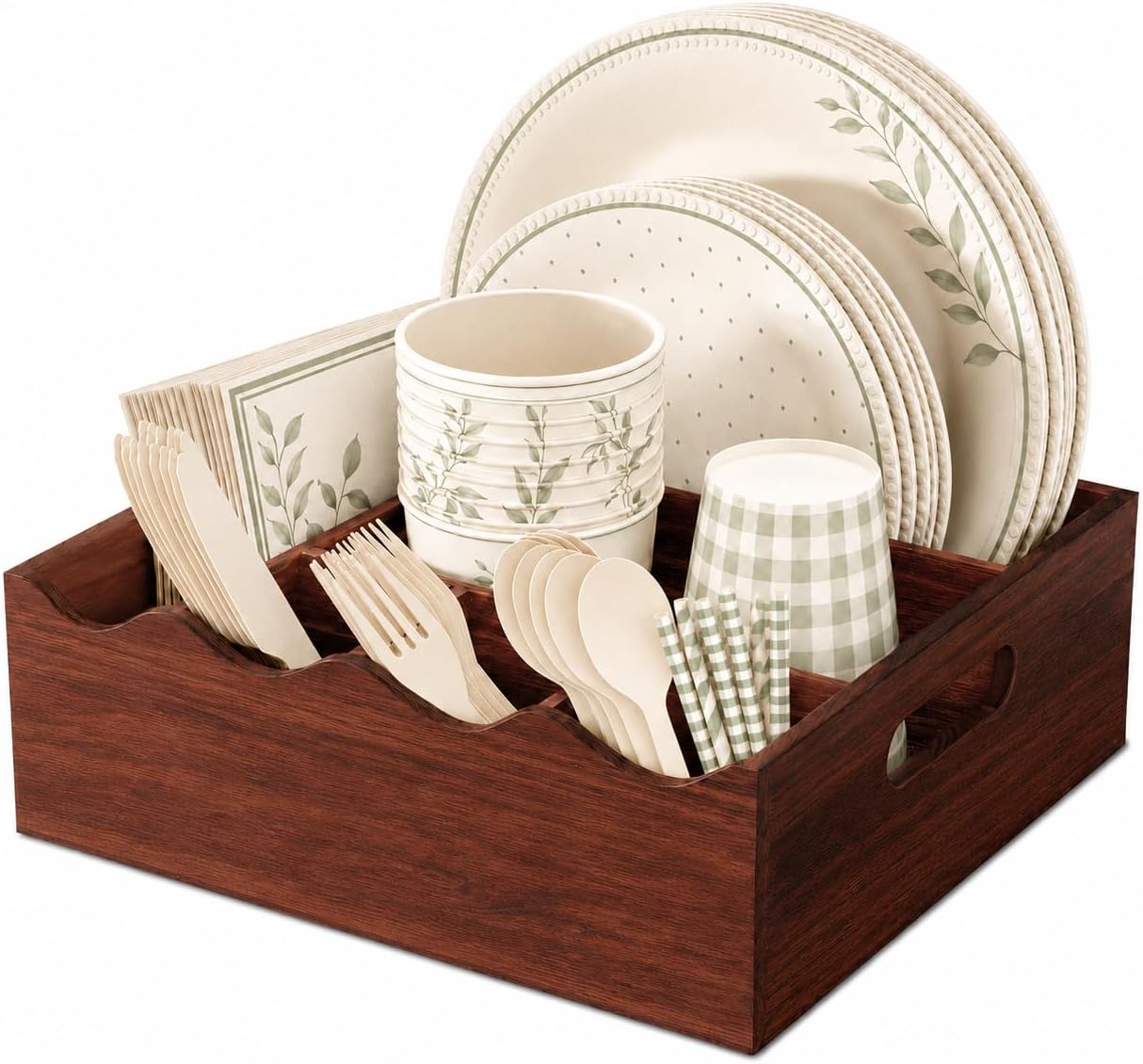 Utensil Holder & Silverware Organizer, Acacia Wood Kitchen Utensil Caddy for Countertop, 6 Compartment Paper Plate Holders & Dispenser, Wooden Cutlery Holder with Handle for Party, Natural Acacia