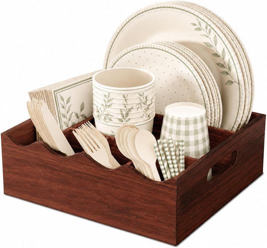 Utensil Holder & Silverware Organizer, Acacia Wood Kitchen Utensil Caddy for Countertop, 6 Compartment Paper Plate Holders & Dispenser, Wooden Cutlery Holder with Handle for Party, Natural Acacia
