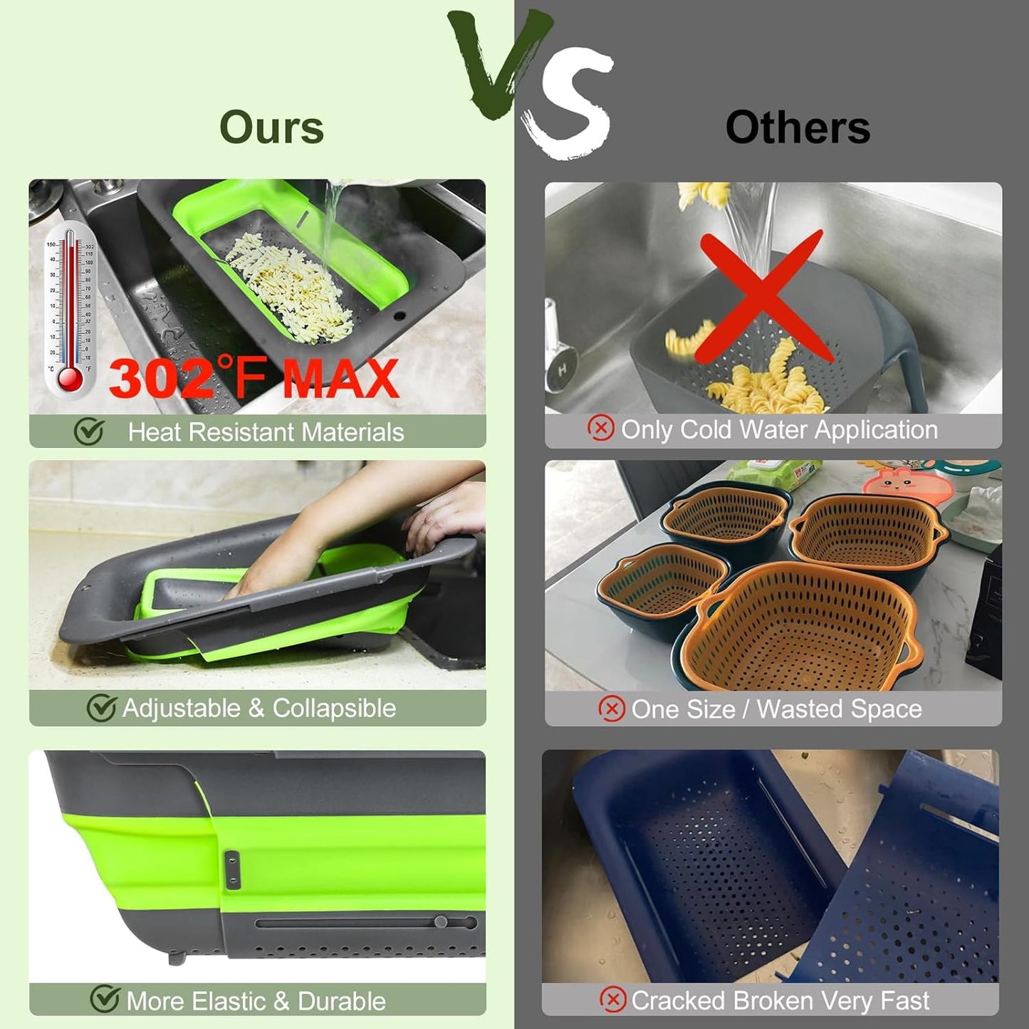 ROTTOGOON 7Qt Collapsible Colander Strainer, Expandable Over the Sink Colander, Adjustable Silicone Kitchen Sink Strainer, Foldable Large Colanders Basket to Wash Vegetable, Fruit, 15" to 19.8", Green