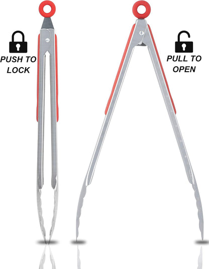 Anaeat Premium Kitchen Locking Tong Set of 3 - Heavy Duty Stainless Steel Food Tongs with Long Handle & Non-Slip Silicone Grip for Cooking, Baking, Grilling - Heat Resistant up to 480°F