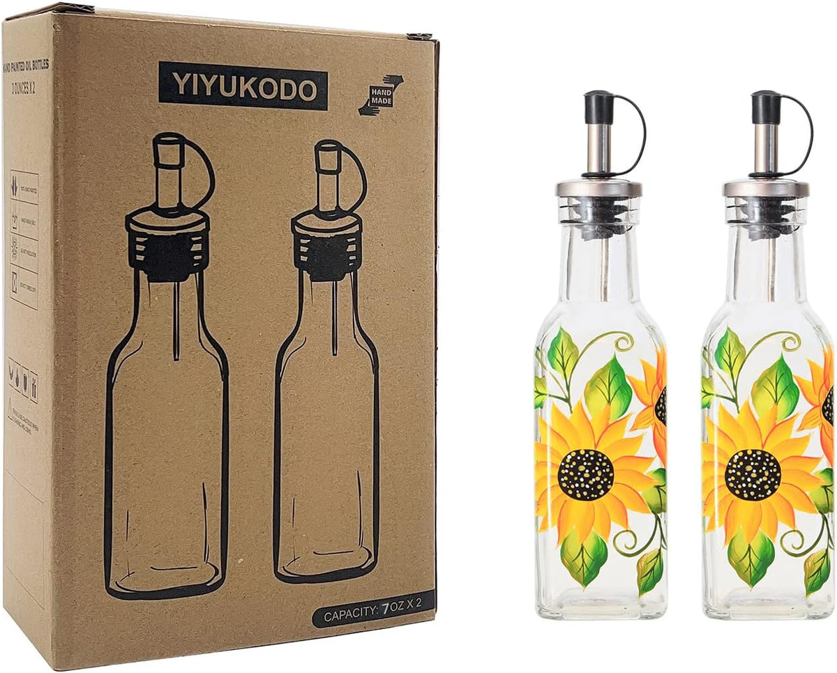 7oz Hand Painted Glass Olive Oil Bottle Dispenser - 200ml Green Oil & Vinegar Cruet with Pourers - Olive Oil Carafe Decanter for Kitchen