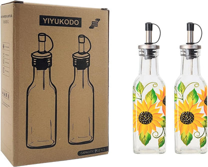 7oz Hand Painted Glass Olive Oil Bottle Dispenser - 200ml Green Oil & Vinegar Cruet with Pourers - Olive Oil Carafe Decanter for Kitchen