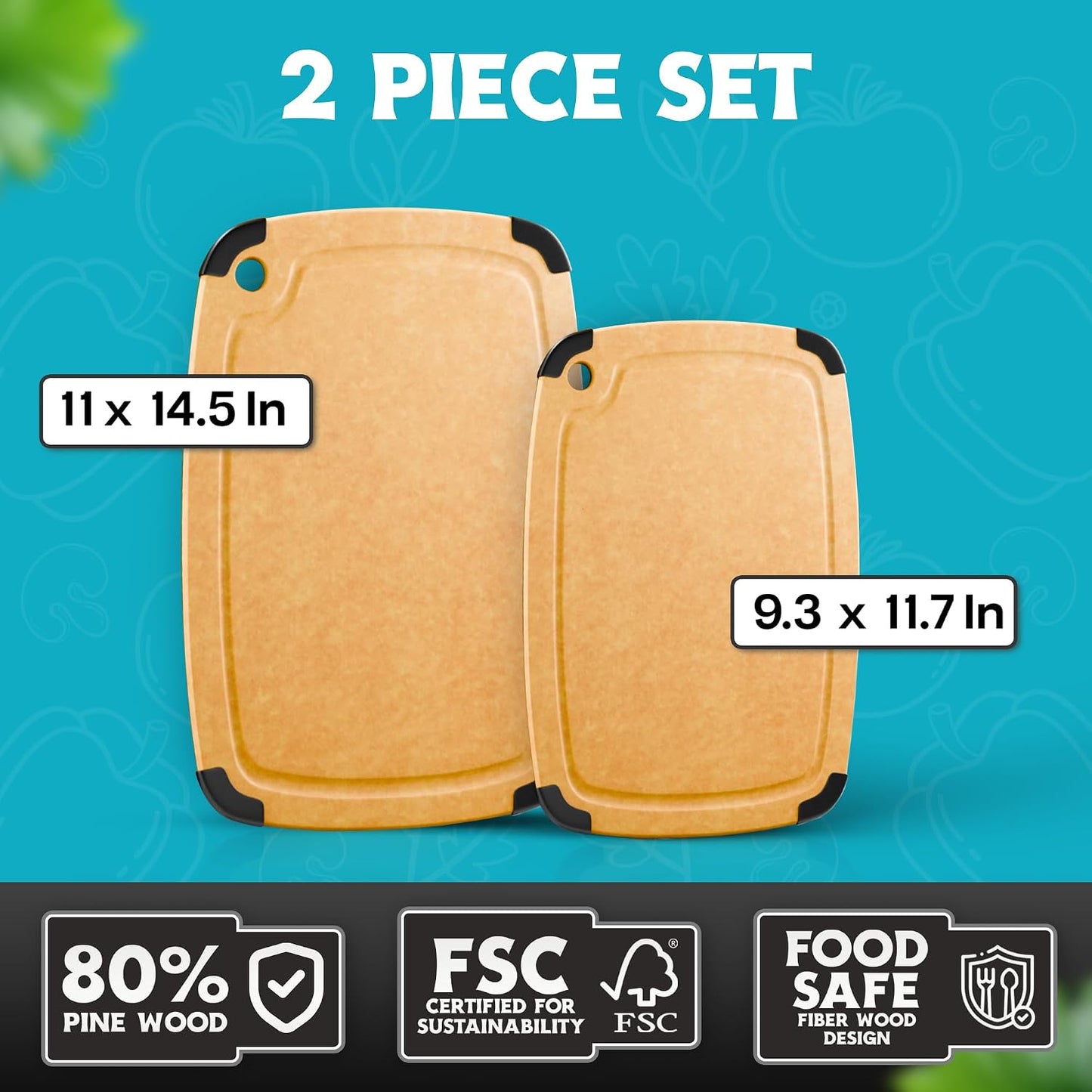 Dishwasher Safe Cutting Boards for Kitchen - Set of 2 Large Composite Wood Cutting Boards with Juice Groove, Non-Slip Feet & Lightweight Eco-Friendly Design 14.5" x 11" and 11.7" x 9.3"