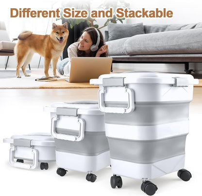 Dog Food Storage Container，10-25 lbs Airtight Collapsible Cat Food Storage Container with Attachable Wheels, Portable Handle, Dog Food Scoop for Dog Cat Bird Pet Dry Food Storage Bin Light Grey