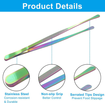 2 Pcs Stainless Steel Tweezers Tongs, 12 Inch Extra-Long Tweezers with Precision Serrated Tips for Kitchen Cooking, Baking, Garden (Rainbow)