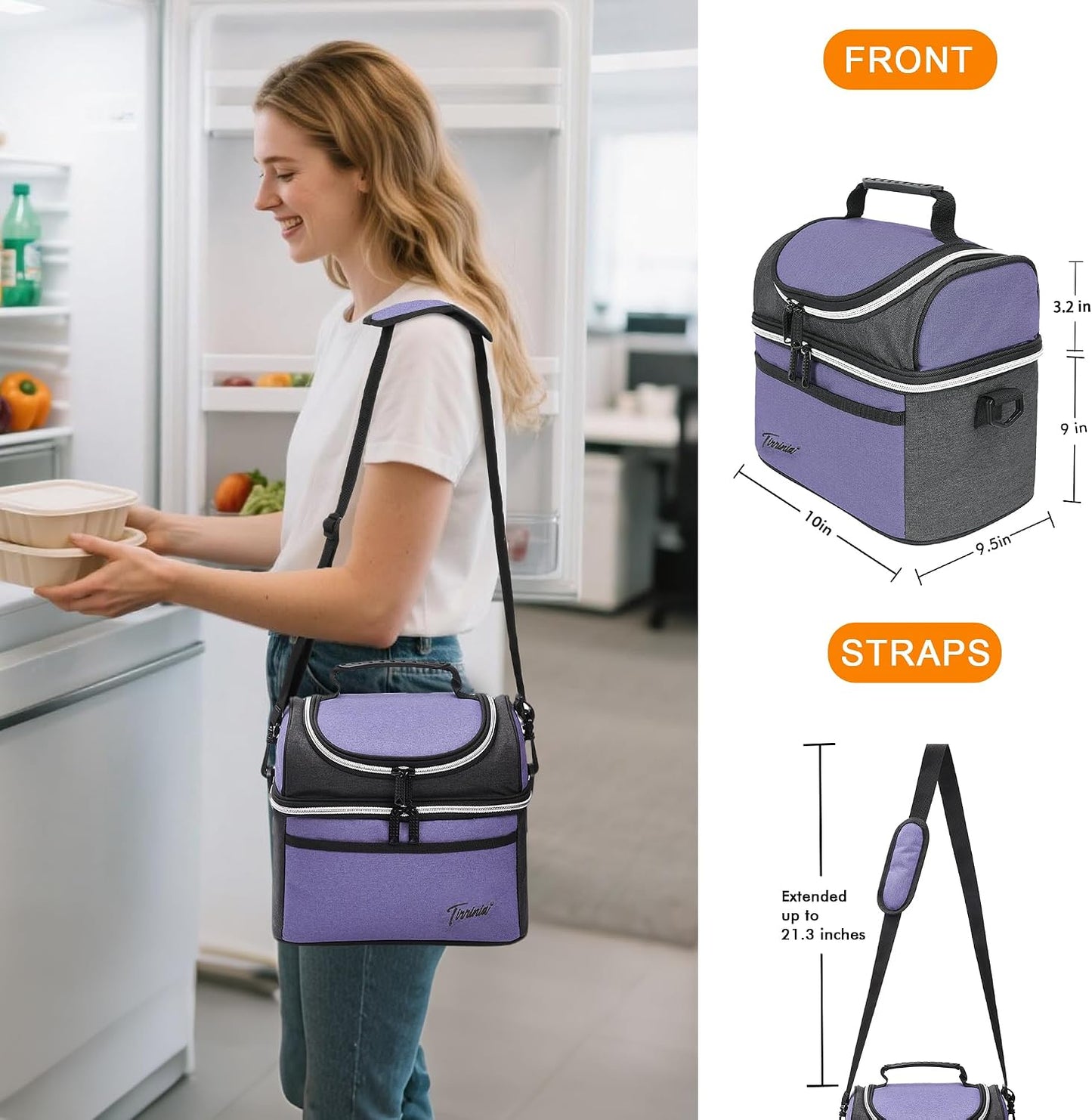Tirrinia Reusable Lunch Box for Men Women, Insulated Lunch Bag Adult Work, Double Decker Leakproof Lunchbox for Office Picnic Beach—Dual Compartment Lunch Cooler Bag