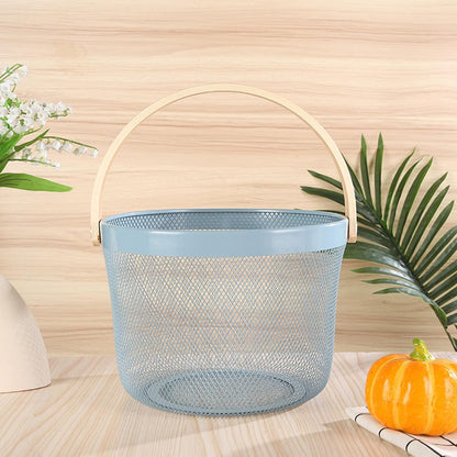 AJIODA Metal Mesh Steel Wire Basket, Round Storage Organizer Basket with Wooden Handle Multi-functional Hanging Kitchen Baskets Fruit Baskets for Kitchen Bathroom Picnic Decor Cabinet Home, White