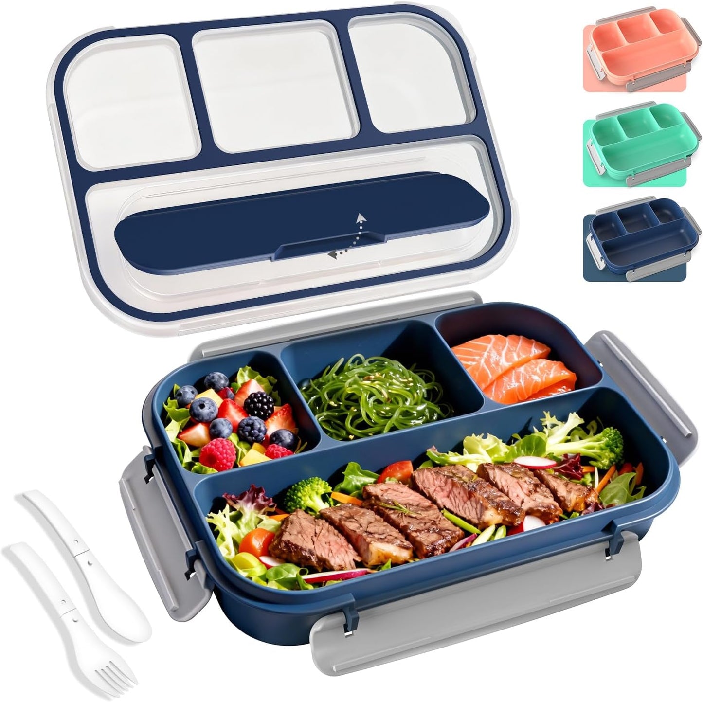 WHALEHOUSE Bento Lunch Box, 1300ML 4 Compartments Meal Prep Container with Utensil, Airtight Food Storage Container with Snap Locking Lids, Microwave/Dishwasher/Freezer Safe, On the Go