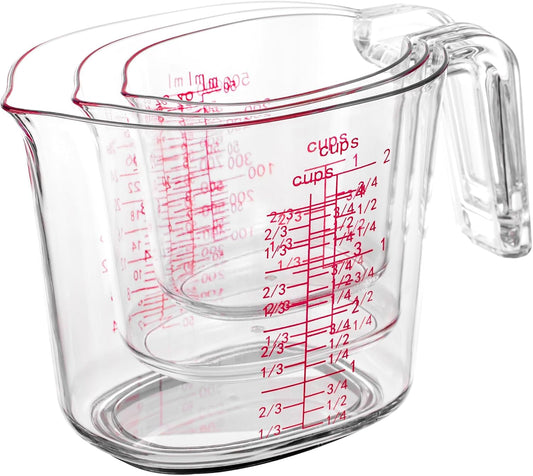 3-Piece Nesting Liquid Measuring Cups Set, Clear Plastic Measuring Jugs with Spout and Multiple Measurement Scales, 1 Cup, 2 Cup, 4 Cup for Baking and Cooking