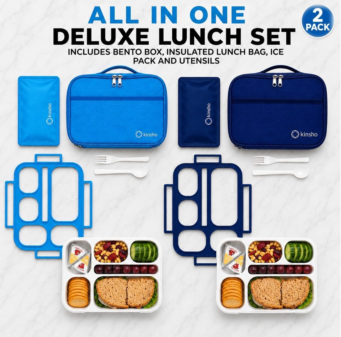 kinsho Lunch Box for Kids Boys Girls - Bento Box Set with Insulated Bag and Ice Pack, 6 Compartment Leak Proof Food Container, BPA-Free, Microwave Safe, Ideal for School & Work, Teal